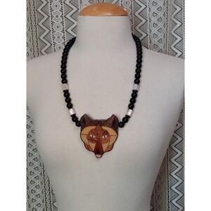 1980s Wolf Necklace Wood Inlay Statement Black Bead Folk Art Boho Vintage Chunky